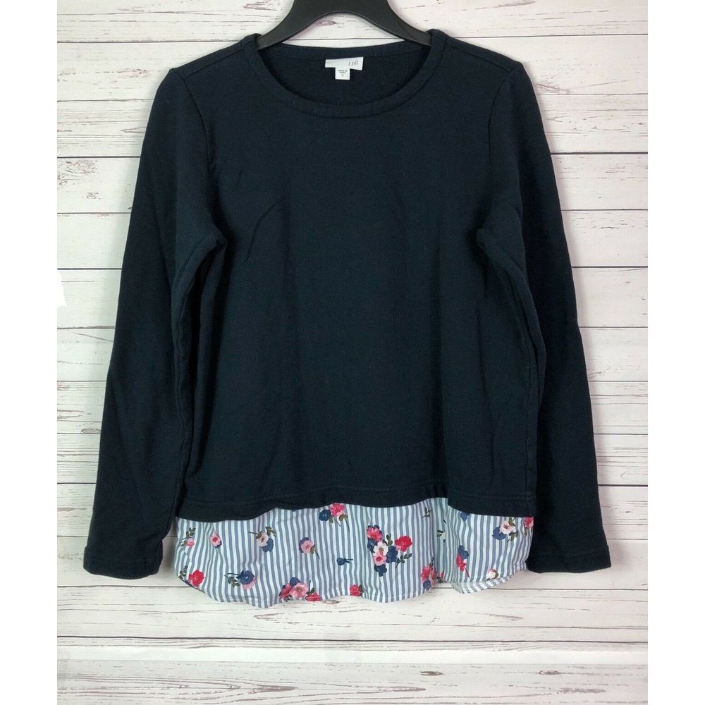 J.Jill Women’s Knit Top Solid Blue Floral Hem S